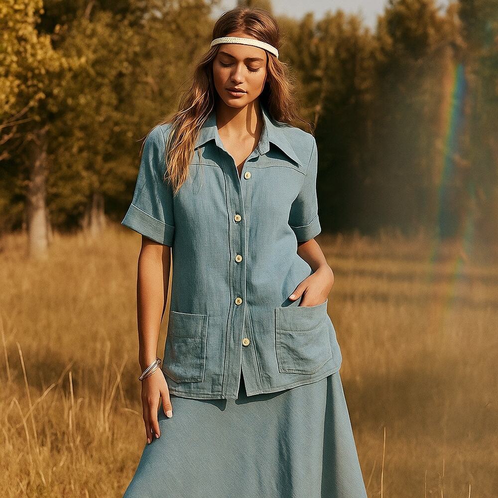 Vintage 1970s Retro Two Piece Blue Leisure Skirt Suit Outfit Set S/M